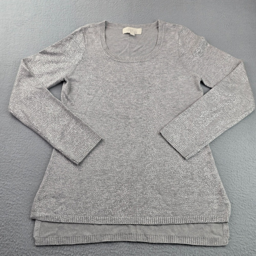 Olive & Oak Sweater Women Small Gray Glitter Foil Ribbed Tight Knit High Low Hem